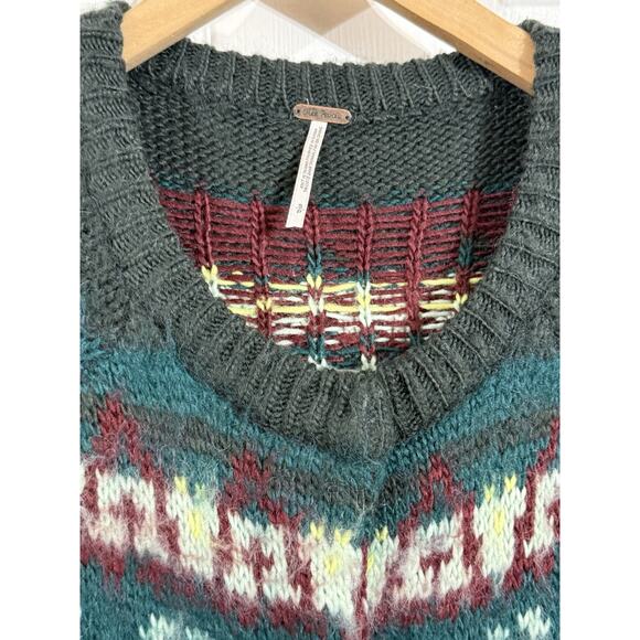 Free People Green Fair Isle Long Mohair Blend Snap Cardigan Cozy Boho Sweater S - Picture 2 of 4